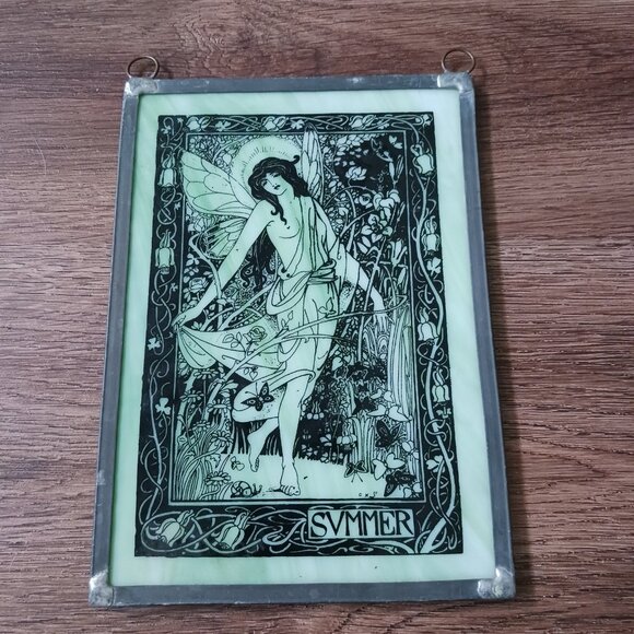 Art Nouveau Print On Green Glass Fairy Nymph Forest SVMMER 7" x 5" Wall Hanging - Picture 1 of 3